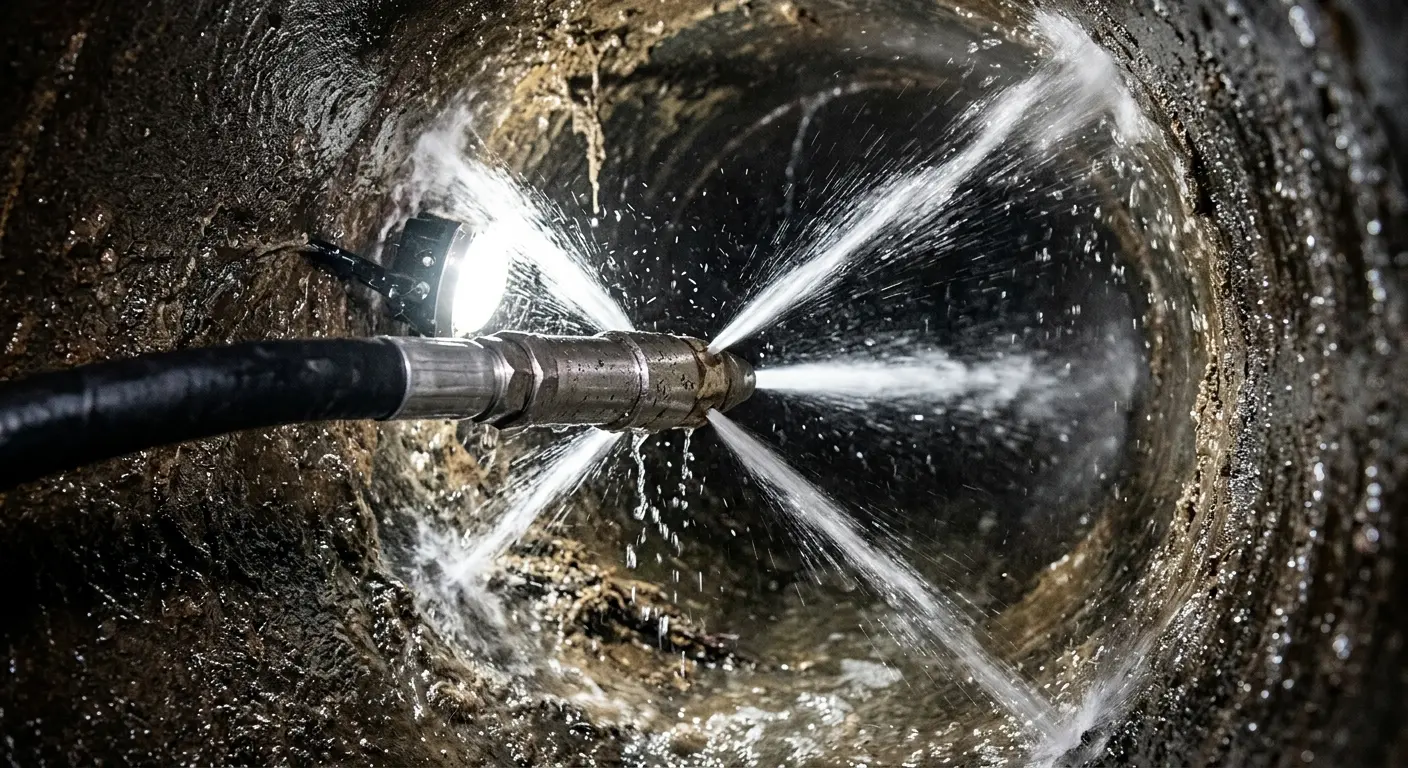 High-pressure hydro jetting nozzle cleaning sewer pipe for Sewer Cleanout in Wakefield