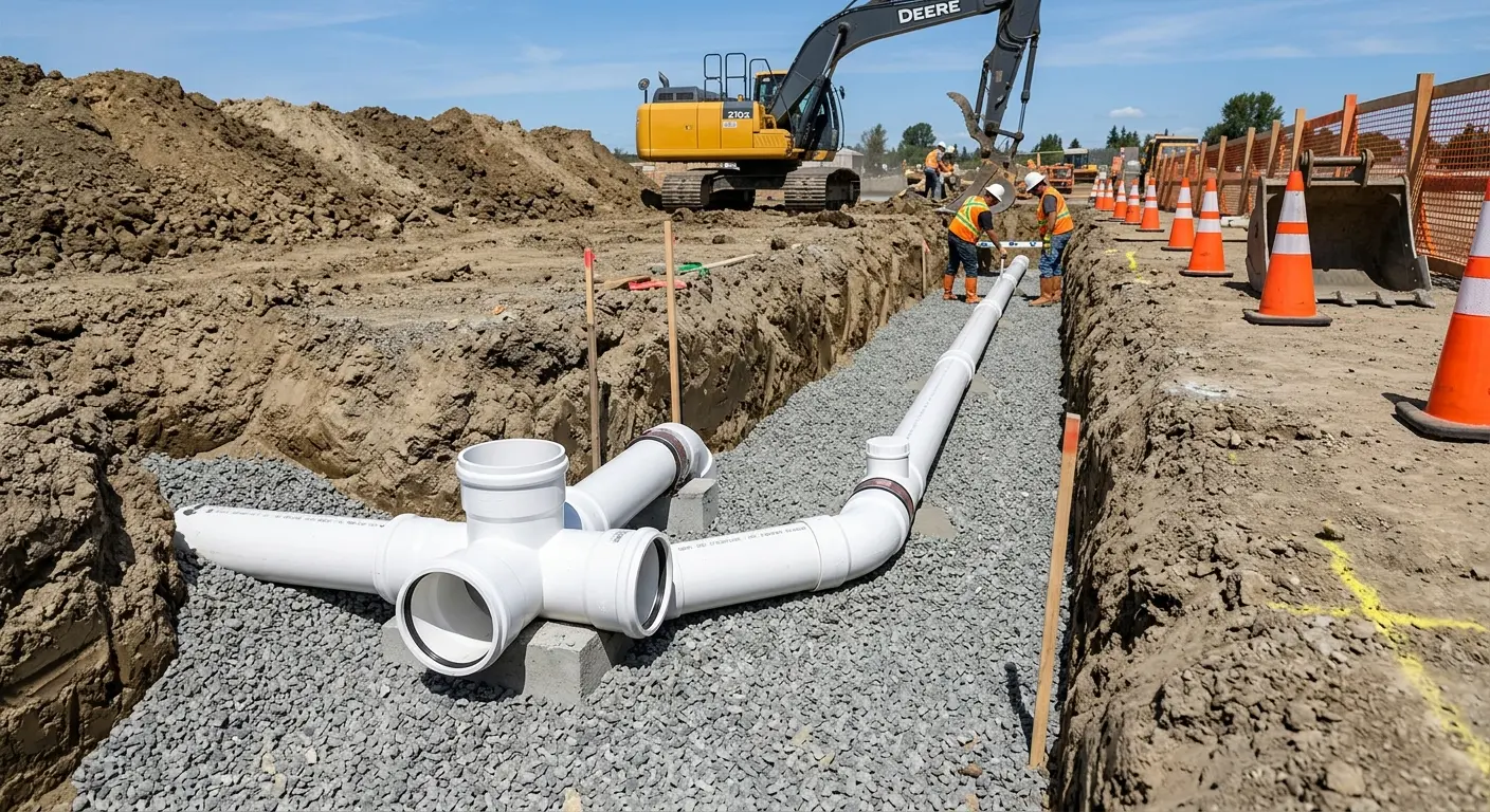 New PVC sewer pipe installation in open trench for Grease Trap Cleaning in Wakefield